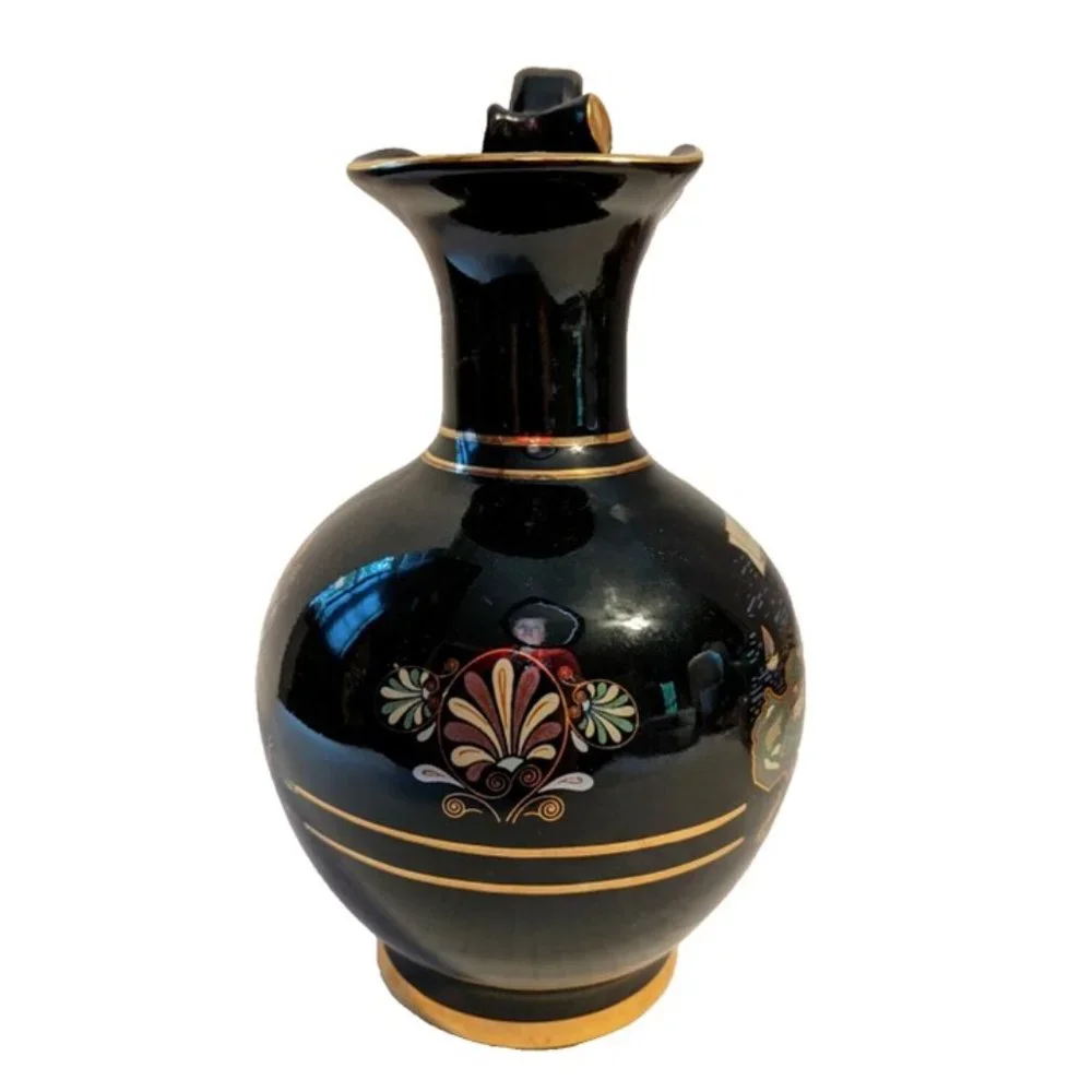 Vintage Terracotta Sicilia Vase Black Hand Painted 24k Gold Greek Figures Map 7